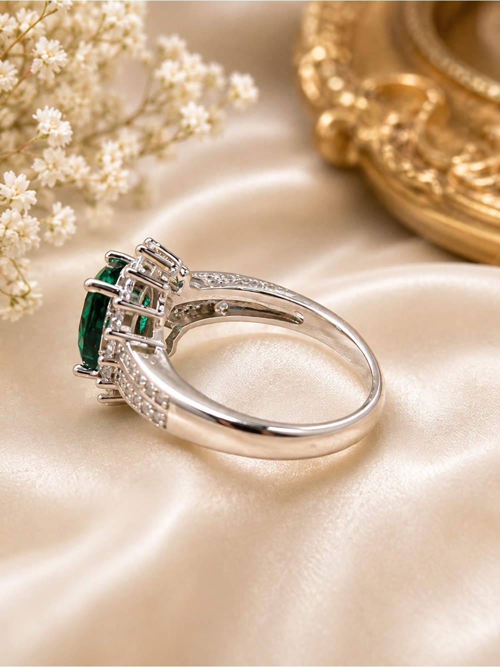 New Emerald Green Oval Halo Statement Ring Silver Tone Size 7 - Picture 3 of 6